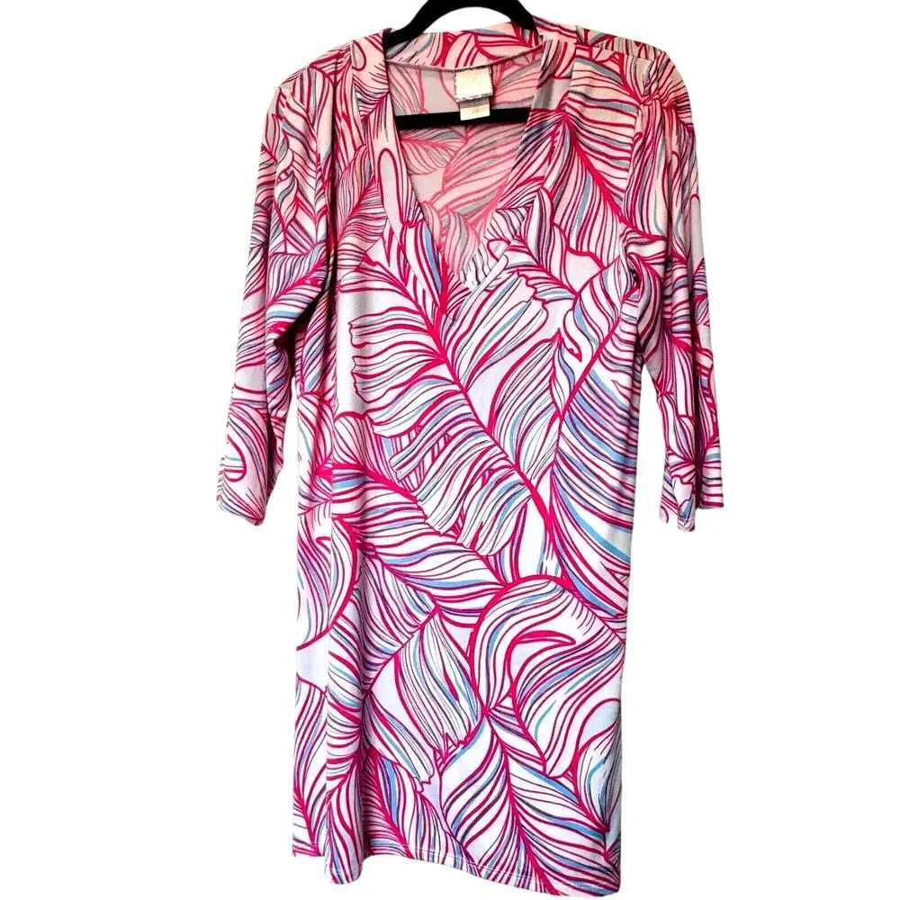 STELLA PARKER Medium Pink Blue Tropical UPF 30+ Sun Protection‎ Swim Cover Dress